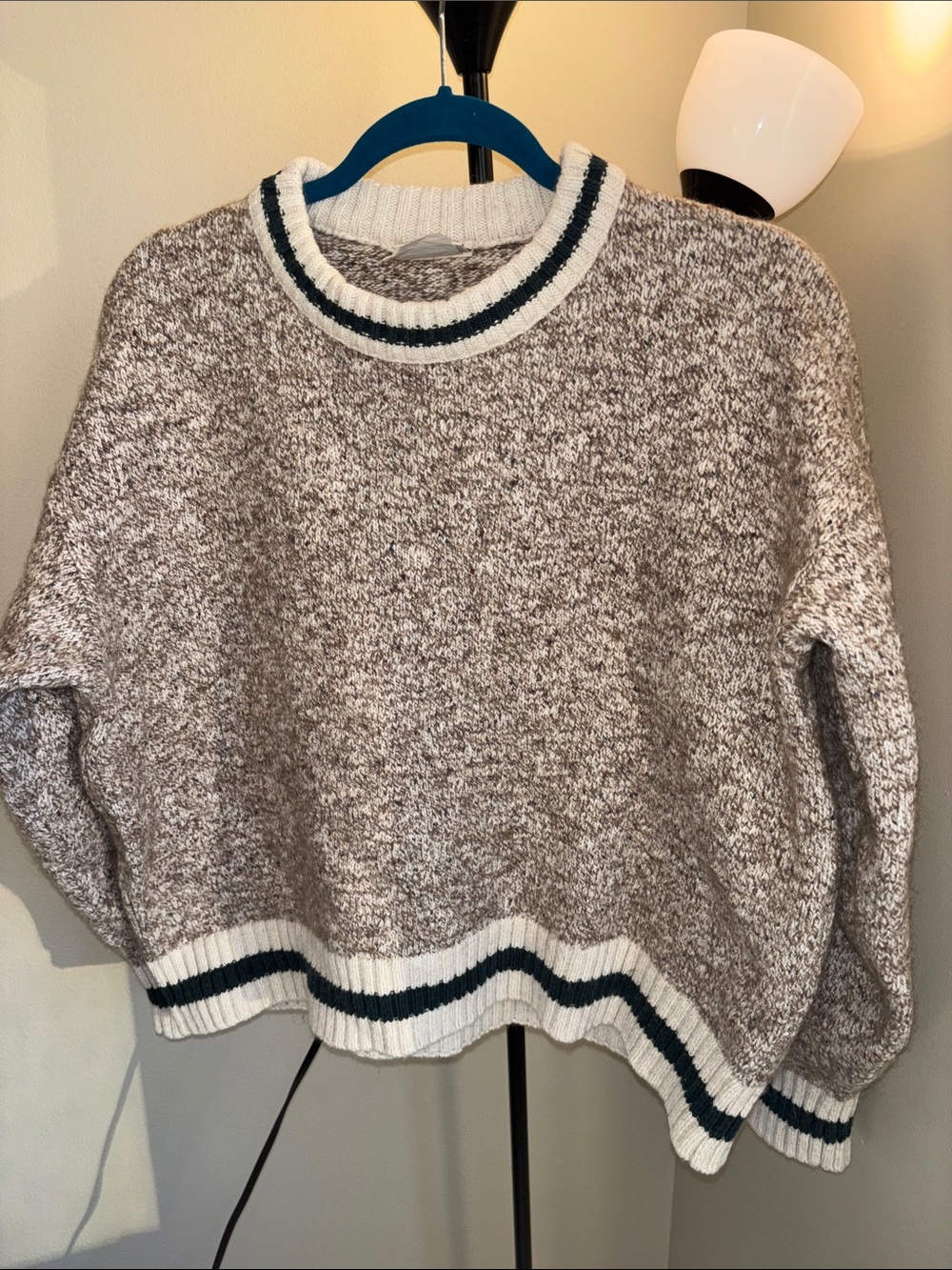 Northern Reflections Taupe Crewneck Vintage Sweater with Cream and Black Trim